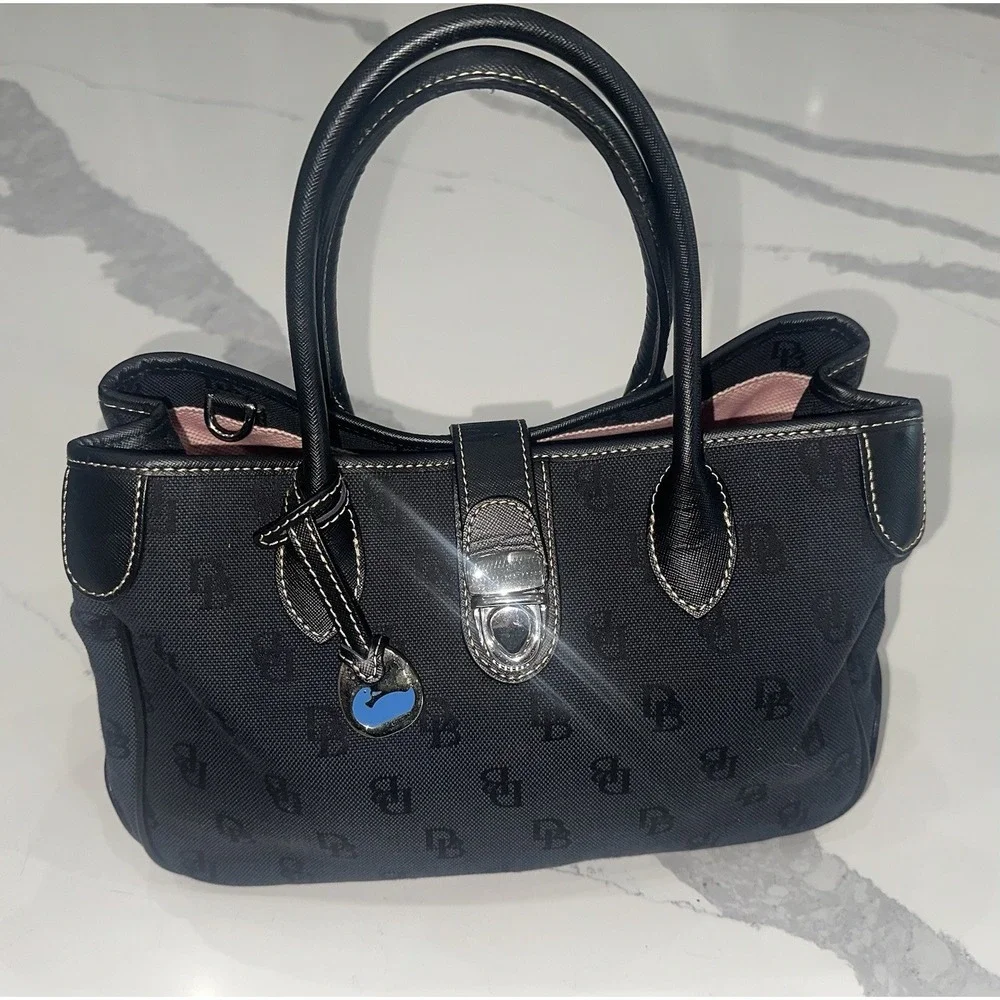 Dooney & Bourke Black SignatureCanvas Satchel Turn Lock Pink Lining Leather Trim